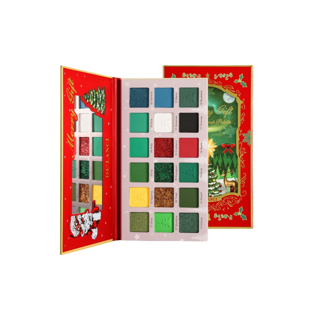Palette de maquillage verte De'Lanci Merry Gift, 18 couleurs de fards à paupières, 27 g